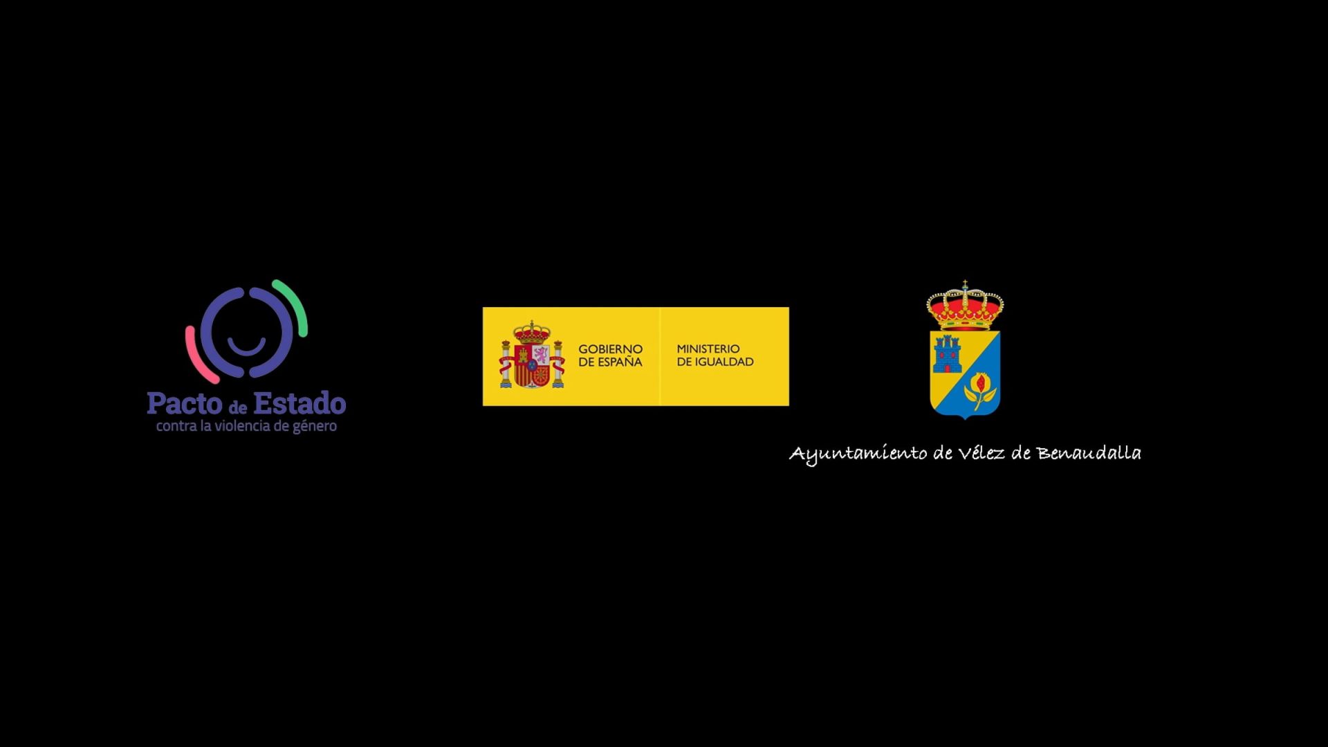 Logotipos del Pacto de Estado contra la violencia de género, Ministerio de Igualdad de España y Ayuntamiento de Vélez de Benaudalla sobre fondo negro