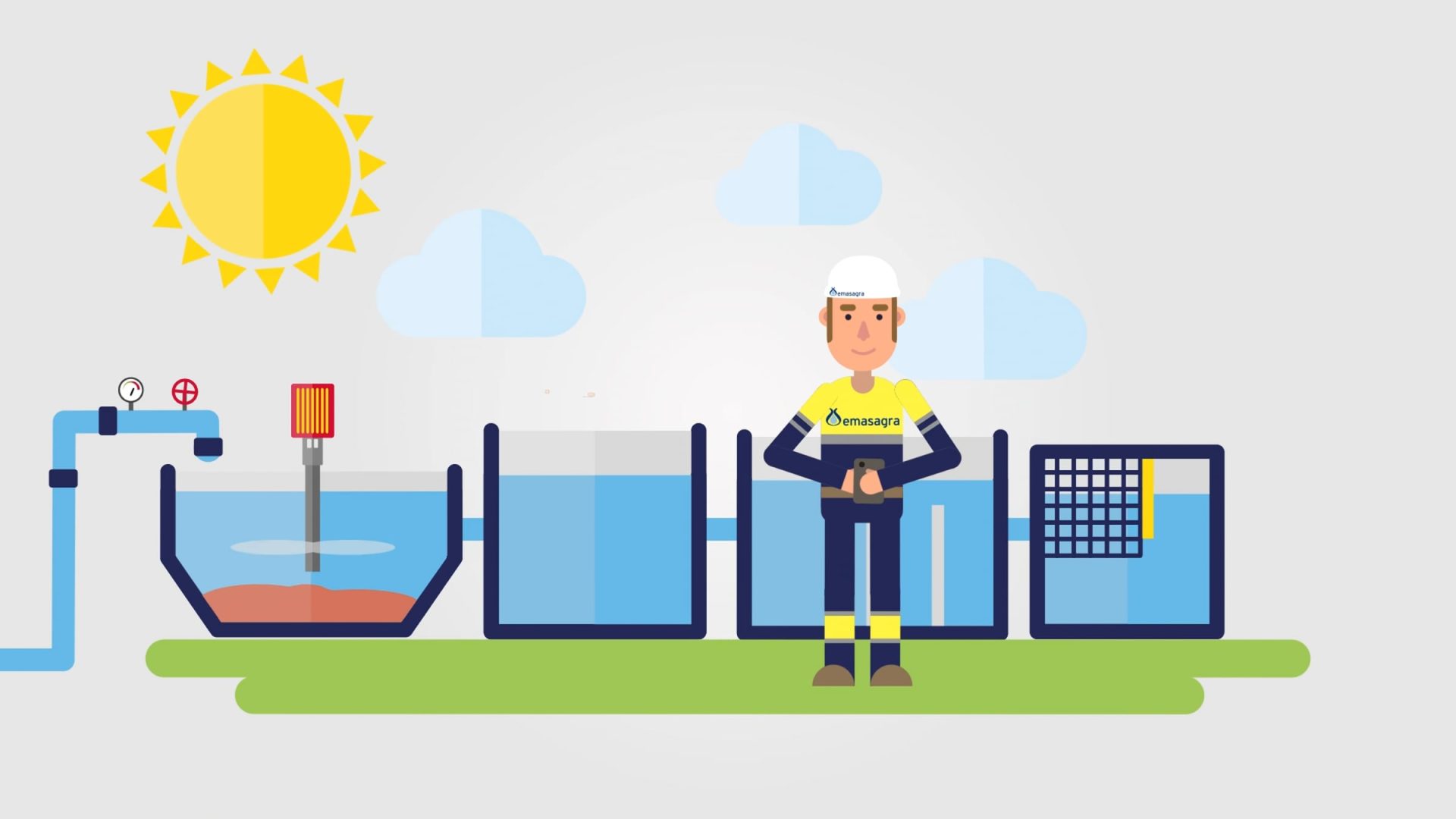 Ilustración animada de un operario con casco y uniforme junto a tanques de agua bajo un sol y nubes.