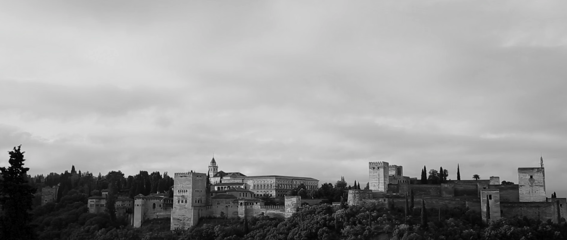 Panorámica en blanco y negro de la Alhambra y el bosque de Granada bajo cielo nublado